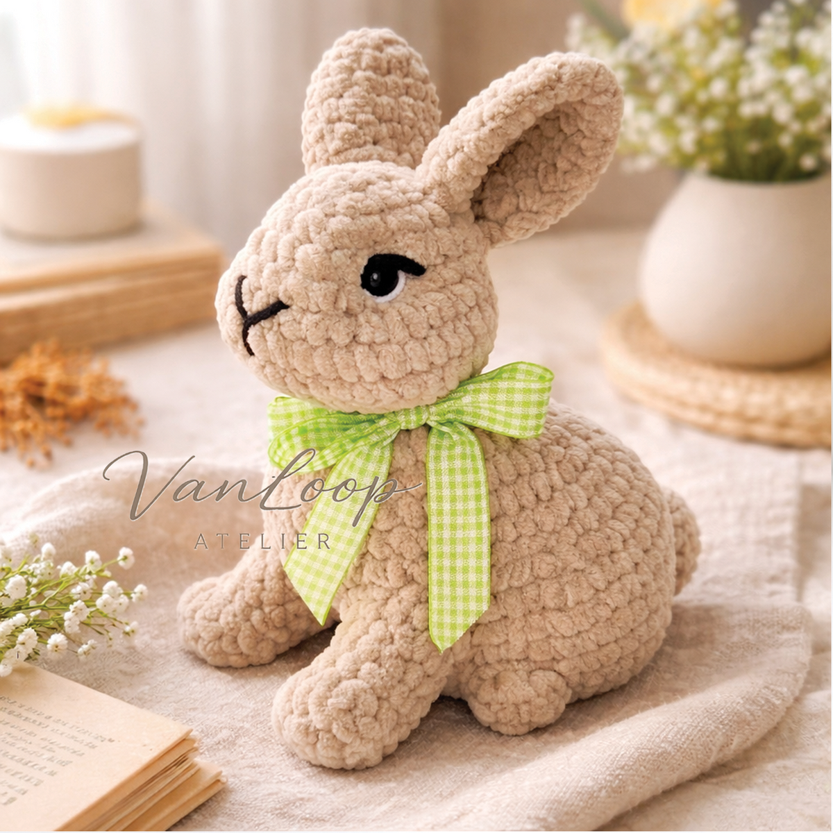 Cream chenille crochet baby rabbit with green gingham bow and large ears
