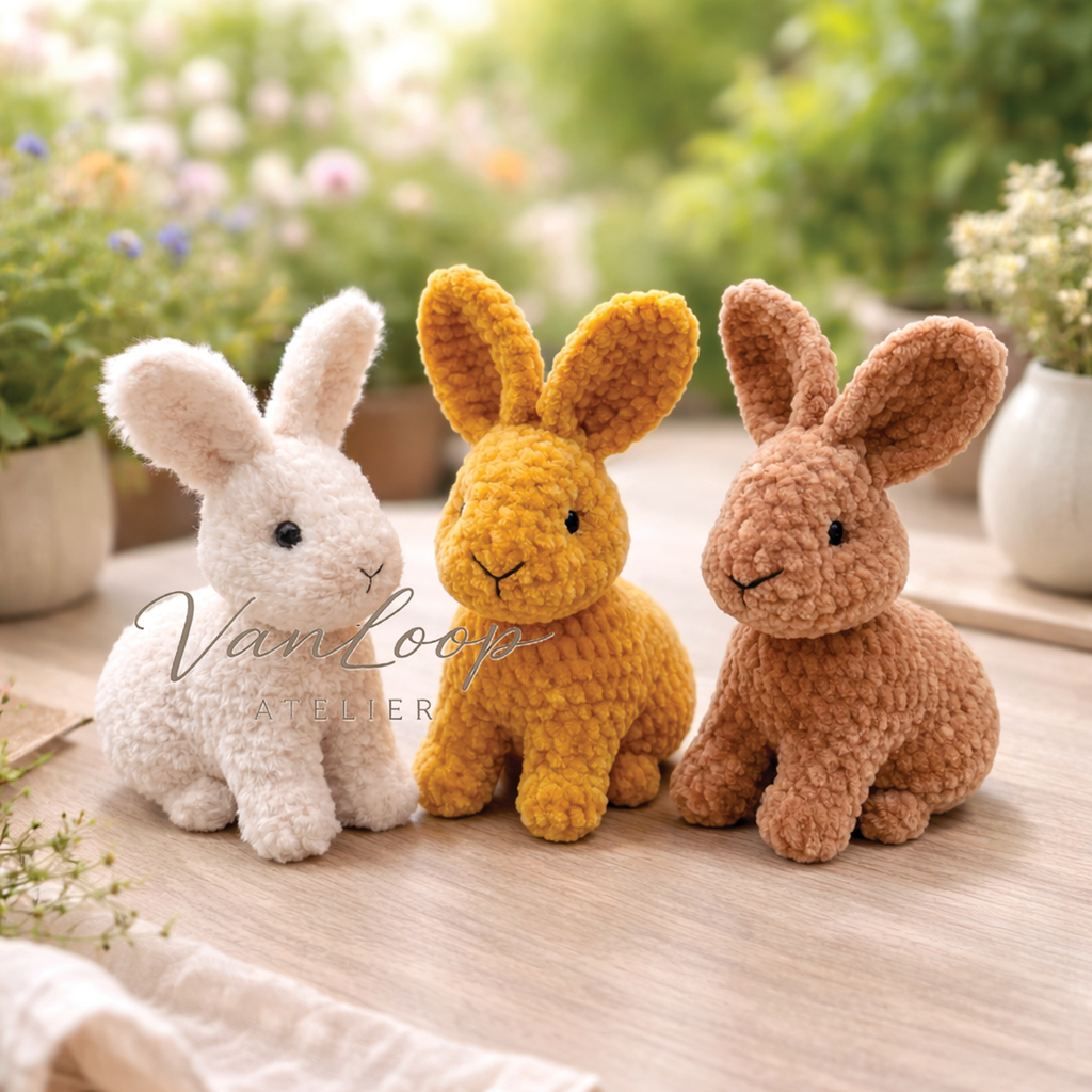 Three crochet baby rabbits in cream, mustard yellow and brown yarn displayed together
