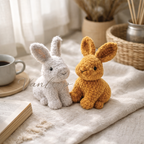 Two crocheted plush rabbits in white and golden brown chenille yarn