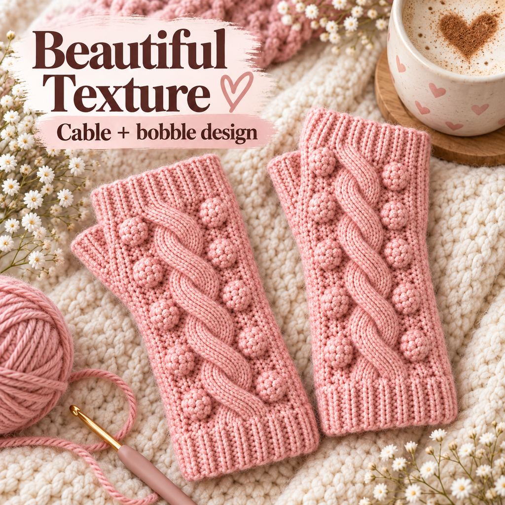 Pink handmade textured mittens with decorative cable and bobble stitches on a soft cream blanket