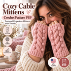 Digital Cozy Cable Mittens crochet pattern PDF listing image showing pink fingerless gloves with cable bobble texture