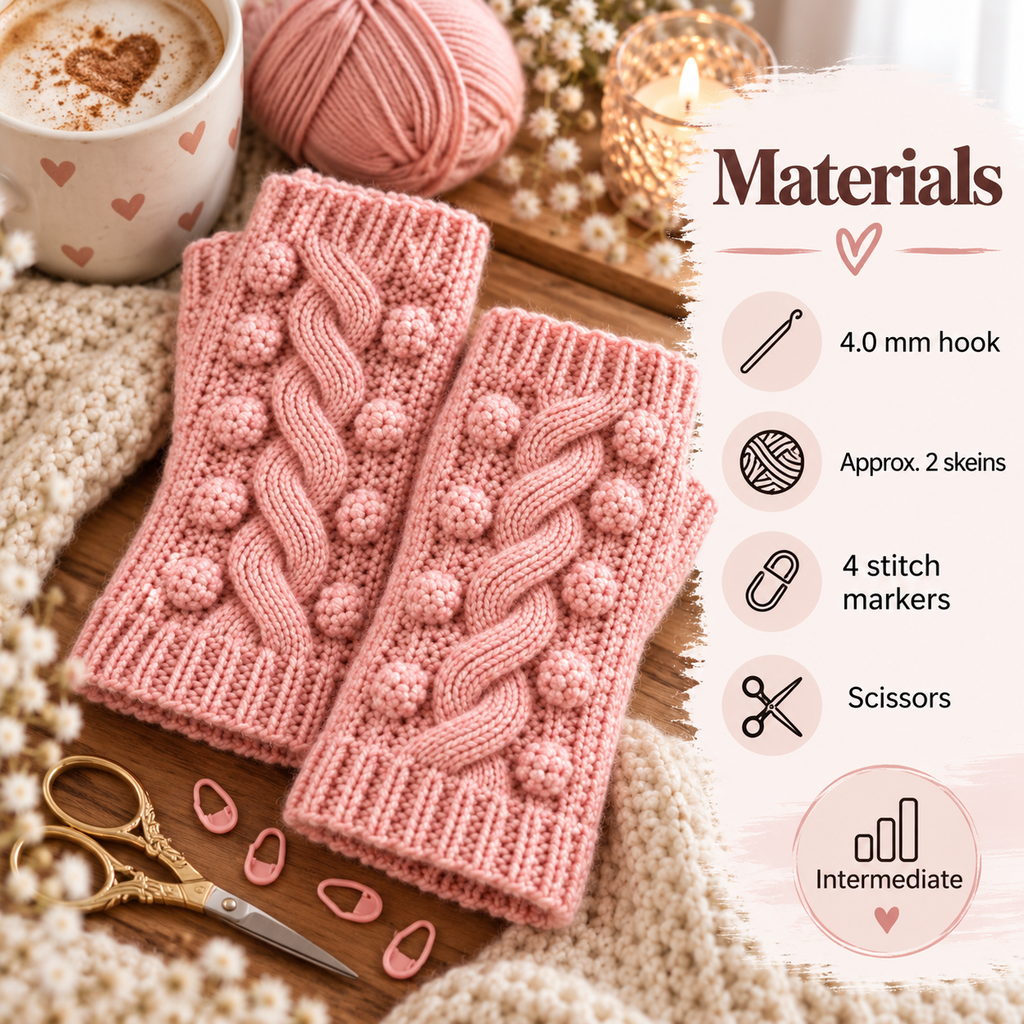 Materials graphic for fingerless crochet mittens: 4 mm hook, yarn, four stitch markers and scissors