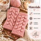 Materials graphic for fingerless crochet mittens: 4 mm hook, yarn, four stitch markers and scissors