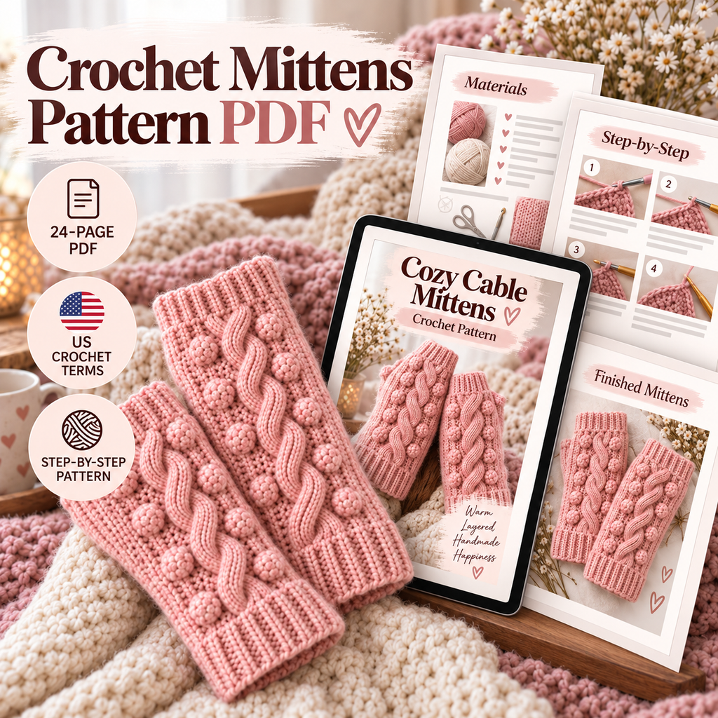 Digital crochet mittens pattern with 24 page PDF information and photo examples