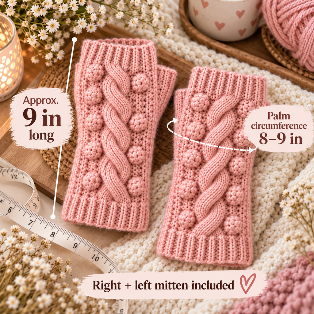 Approximate finished length 9 inches, palm circumference 8 to 9 inches, right and left mittens