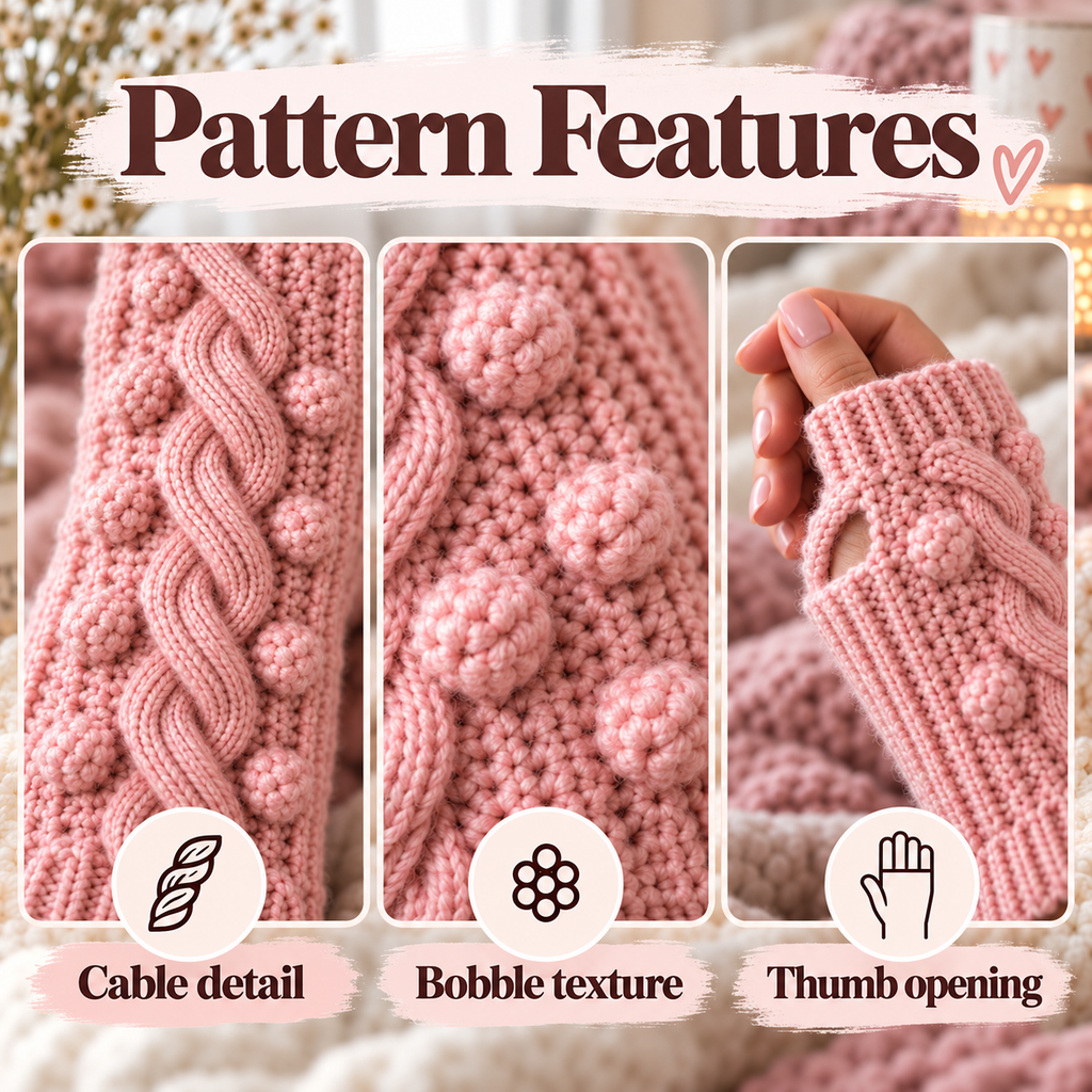Detail gallery of cable stitches, bobble texture and thumb opening in pink crochet mittens
