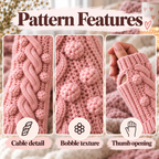 Detail gallery of cable stitches, bobble texture and thumb opening in pink crochet mittens