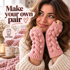 Cozy winter lifestyle image with crocheted pink cable fingerless mittens