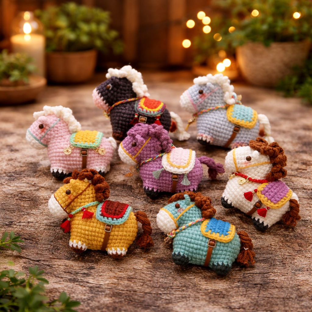 Seven multicolored amigurumi crochet horses in colorful saddles arranged on rustic wood