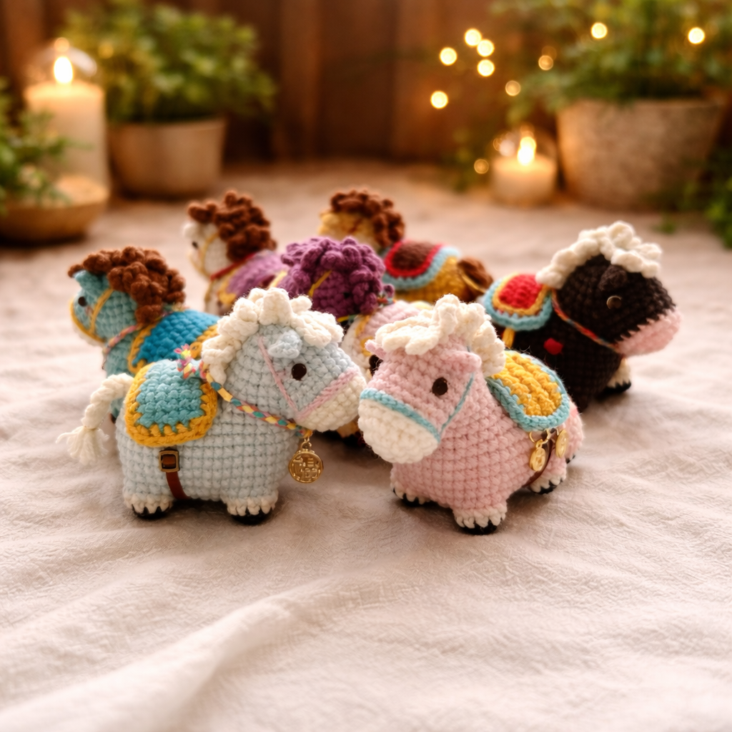 Colorful handmade amigurumi crochet horses with tiny saddles and bridles displayed in a cozy setting