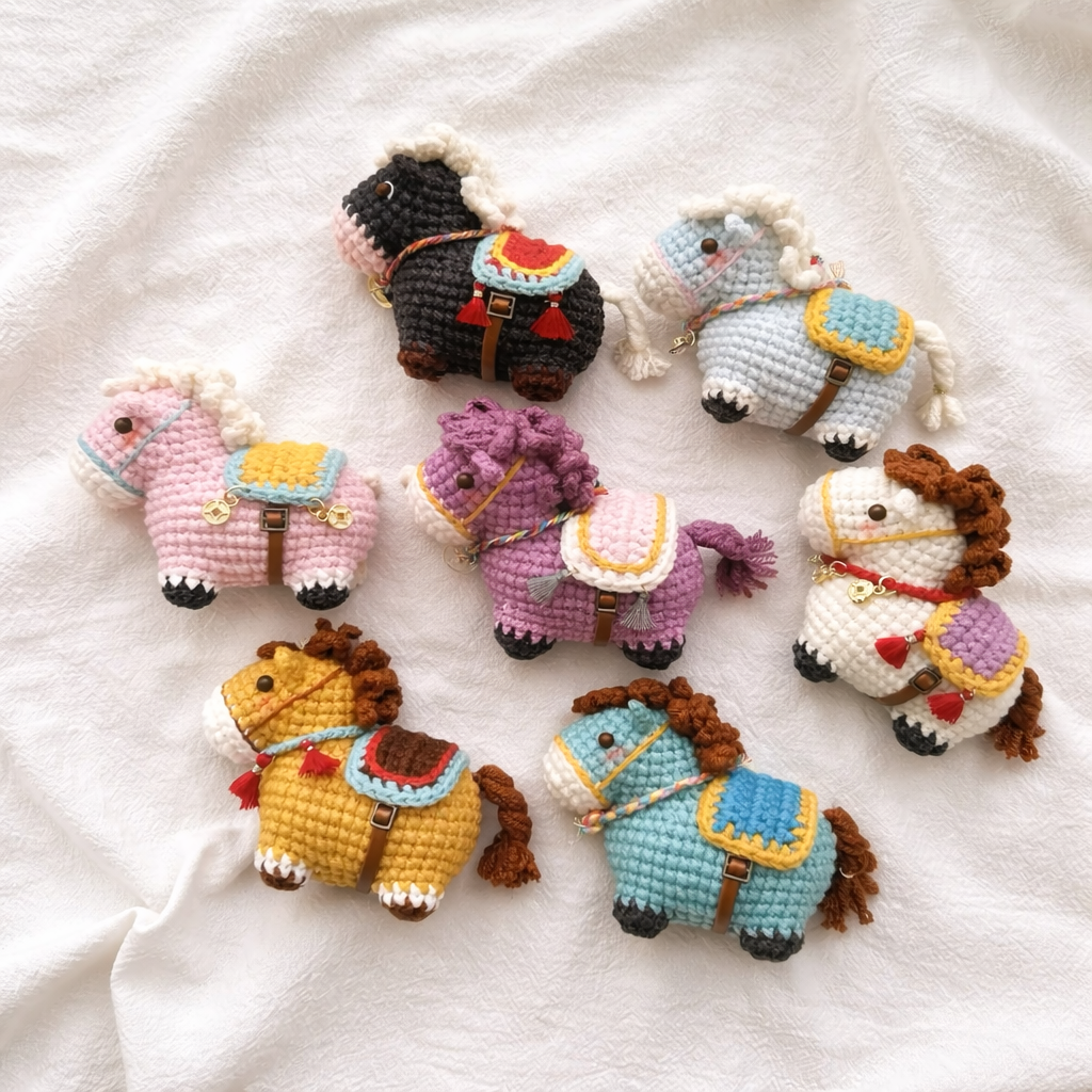 Seven crocheted miniature horse toys in black white pink purple yellow and turquoise color variations