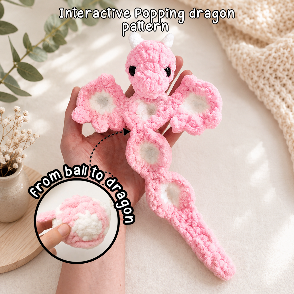 Interactive pink popping dragon crochet pattern, shown unfolded with five popping sections and ball transformation inset