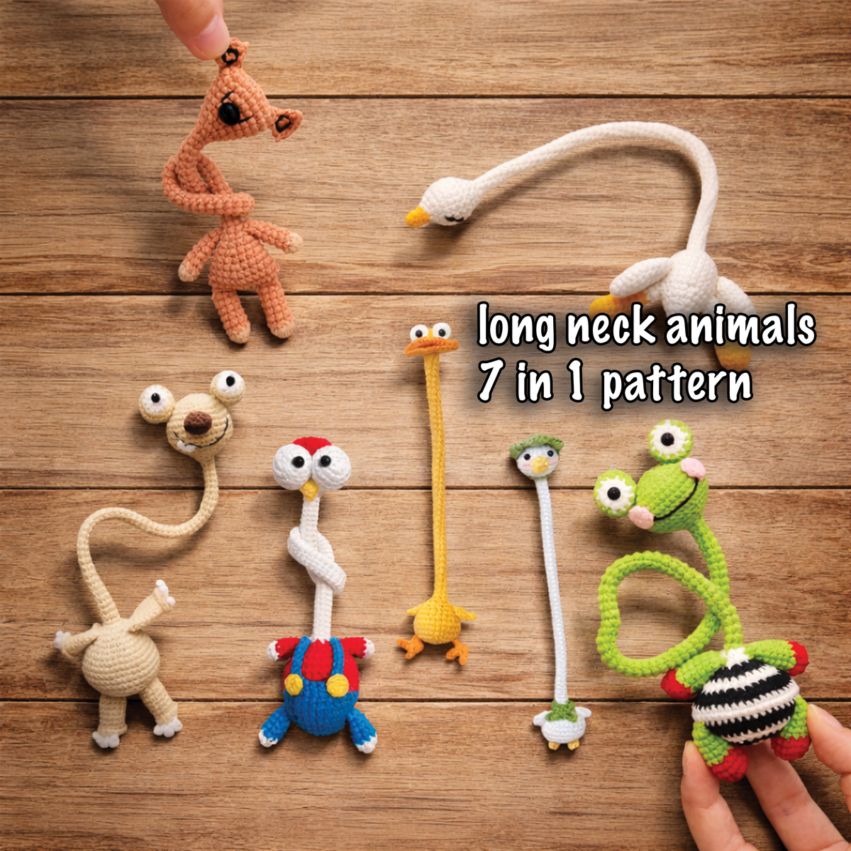 Long neck crochet animal collection cover featuring seven funny long-neck amigurumi designs