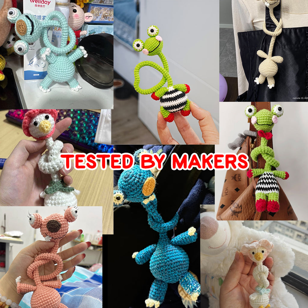 Collage of long-neck amigurumi animals crocheted in different colors and styles