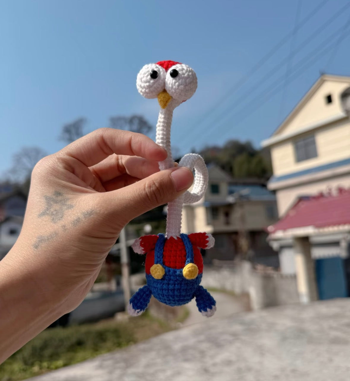 Crocheted long-neck rooster with large white eyes wearing red and blue clothes