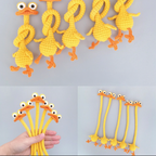 Bright yellow long-neck crocheted duck amigurumi in several poses and lengths