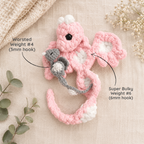 Crochet popping dragon with yarn and hook size examples using worsted and super bulky yarn
