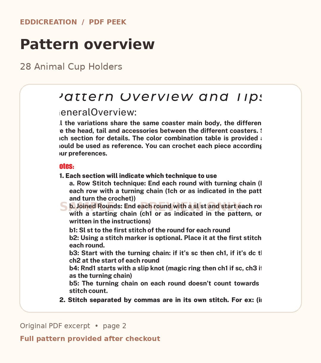 Eddicreation animal-28 original crochet PDF sample page 1 of 3. Watermarked preview only. — sample 1
