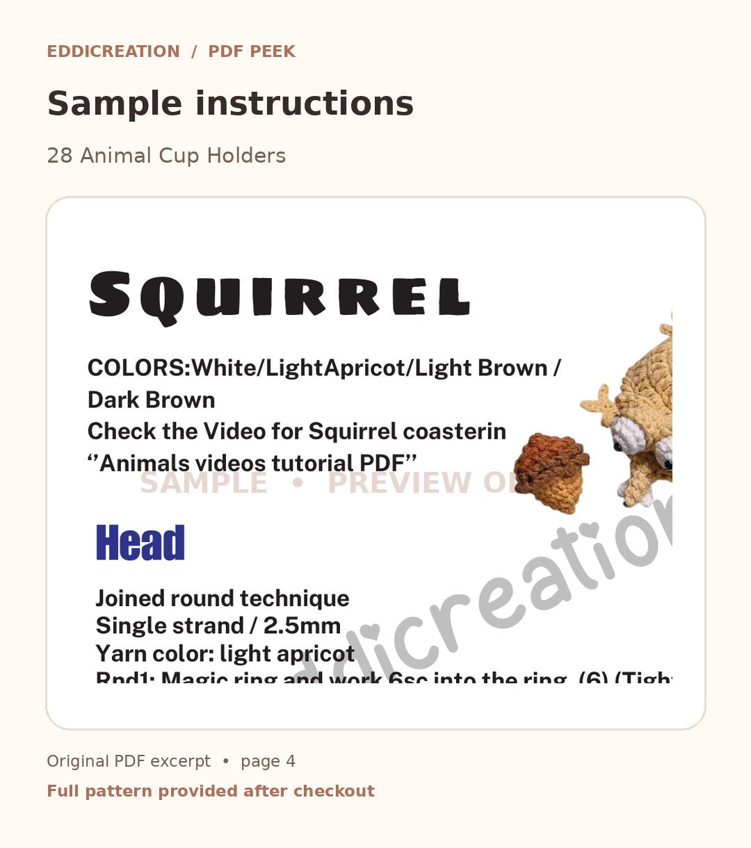 Eddicreation animal-28 original crochet PDF sample page 3 of 3. Watermarked preview only. — sample 3