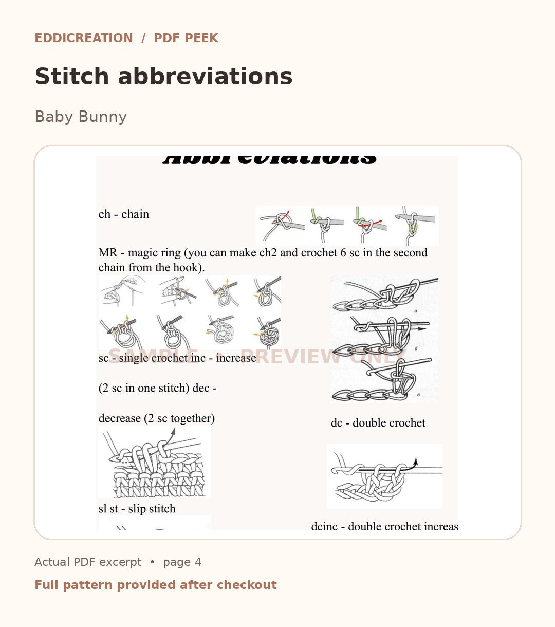 Eddicreation baby bunny crochet pattern PDF sample page 2 of 3, real excerpt marked preview only — sample 2