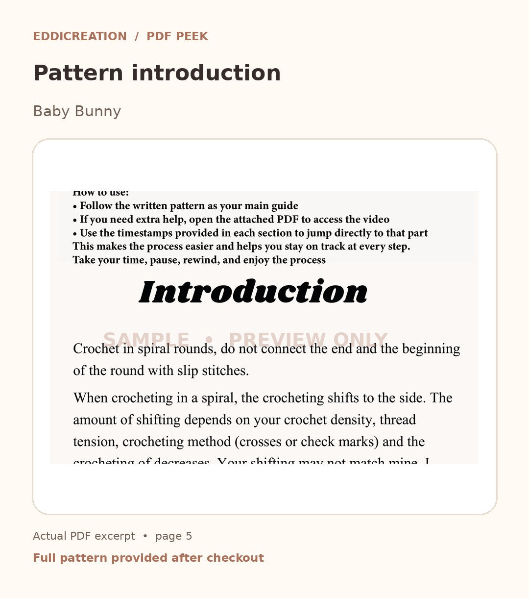 Eddicreation baby bunny crochet pattern PDF sample page 3 of 3, real excerpt marked preview only — sample 3