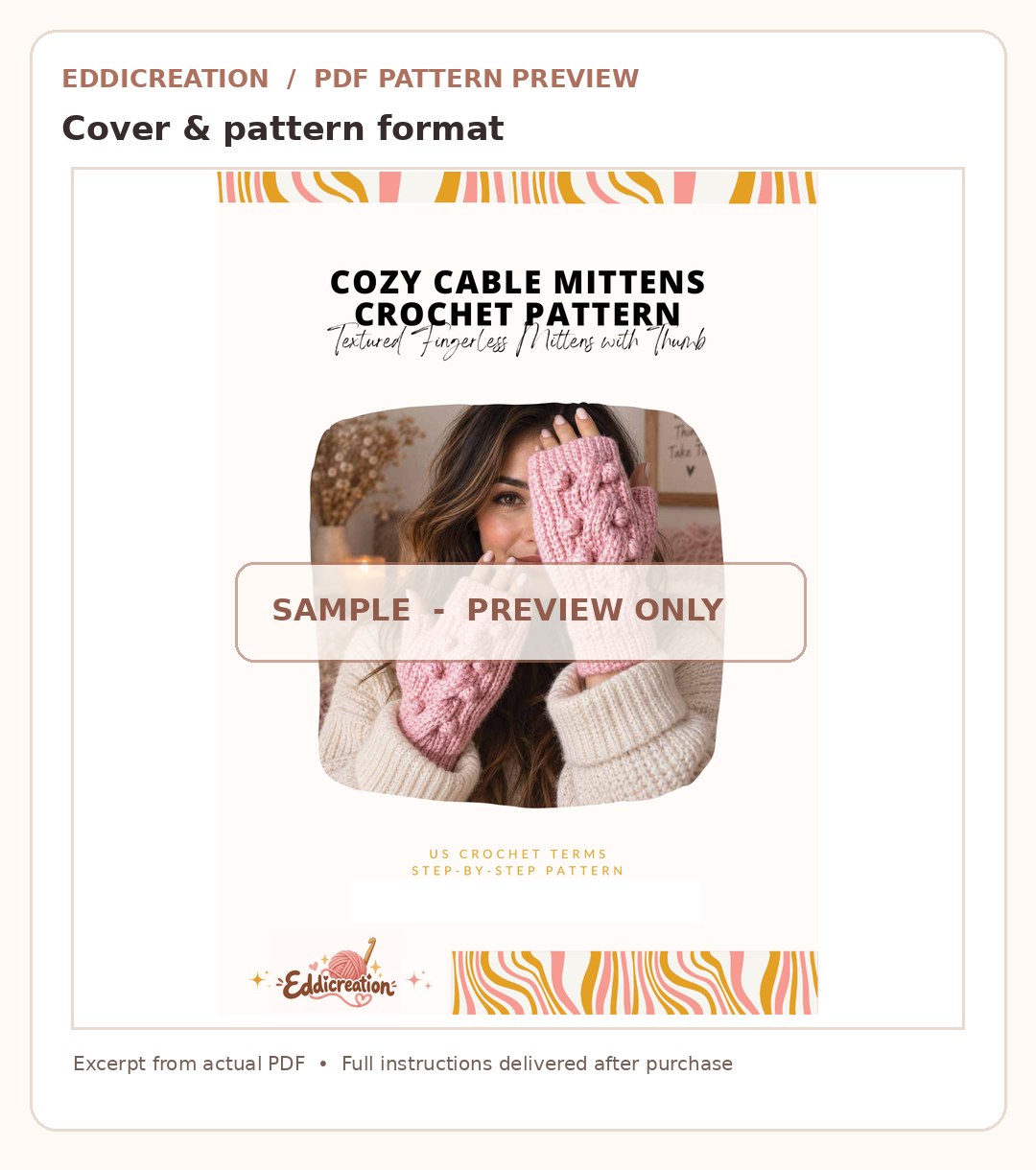 Eddicreation Cozy Cable Mittens pattern PDF actual sample page 1 of 3, watermarked preview only — sample 1