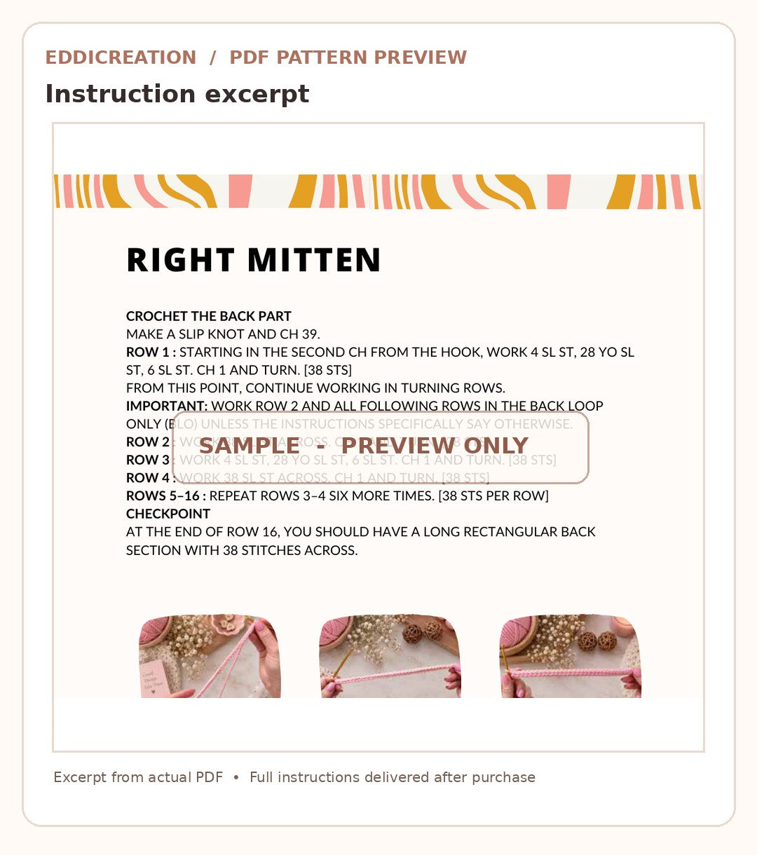 Eddicreation Cozy Cable Mittens pattern PDF actual sample page 3 of 3, watermarked preview only — sample 3