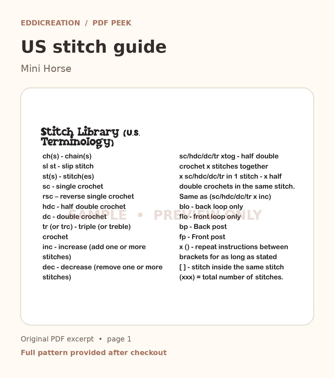 Eddicreation mini horse crochet PDF sample preview 2 of 3, excerpt from the actual pattern, not the full instructions — sample 2