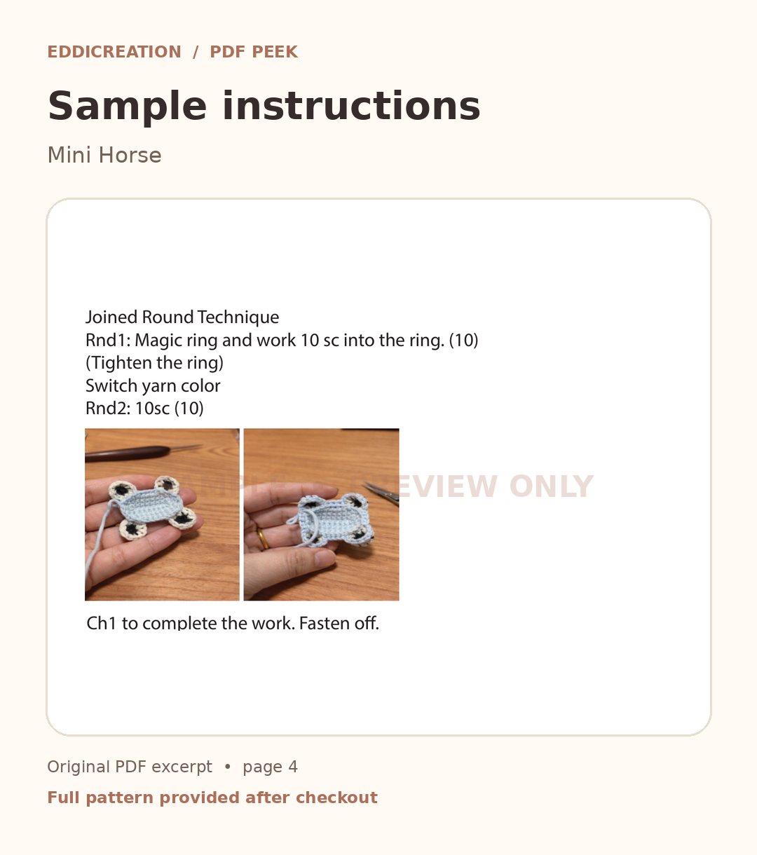 Small excerpt of instructions from mini pony crochet PDF for customers to inspect layout before buying — sample 3