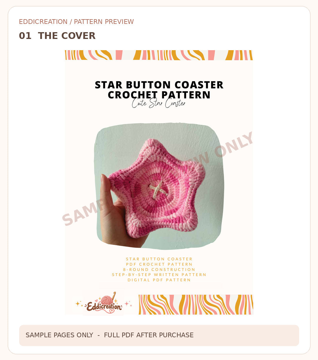 Star Button Coaster Eddicreation actual crochet PDF sample 1 of 3; watermarked preview only — sample 1