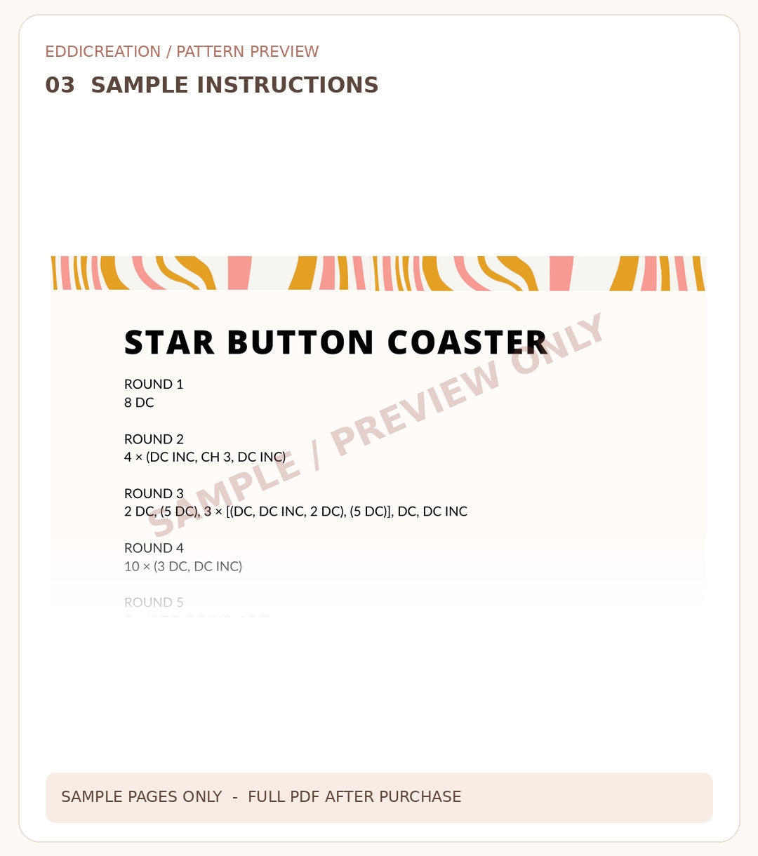 Star Button Coaster Eddicreation actual crochet PDF sample 3 of 3; watermarked preview only — sample 3