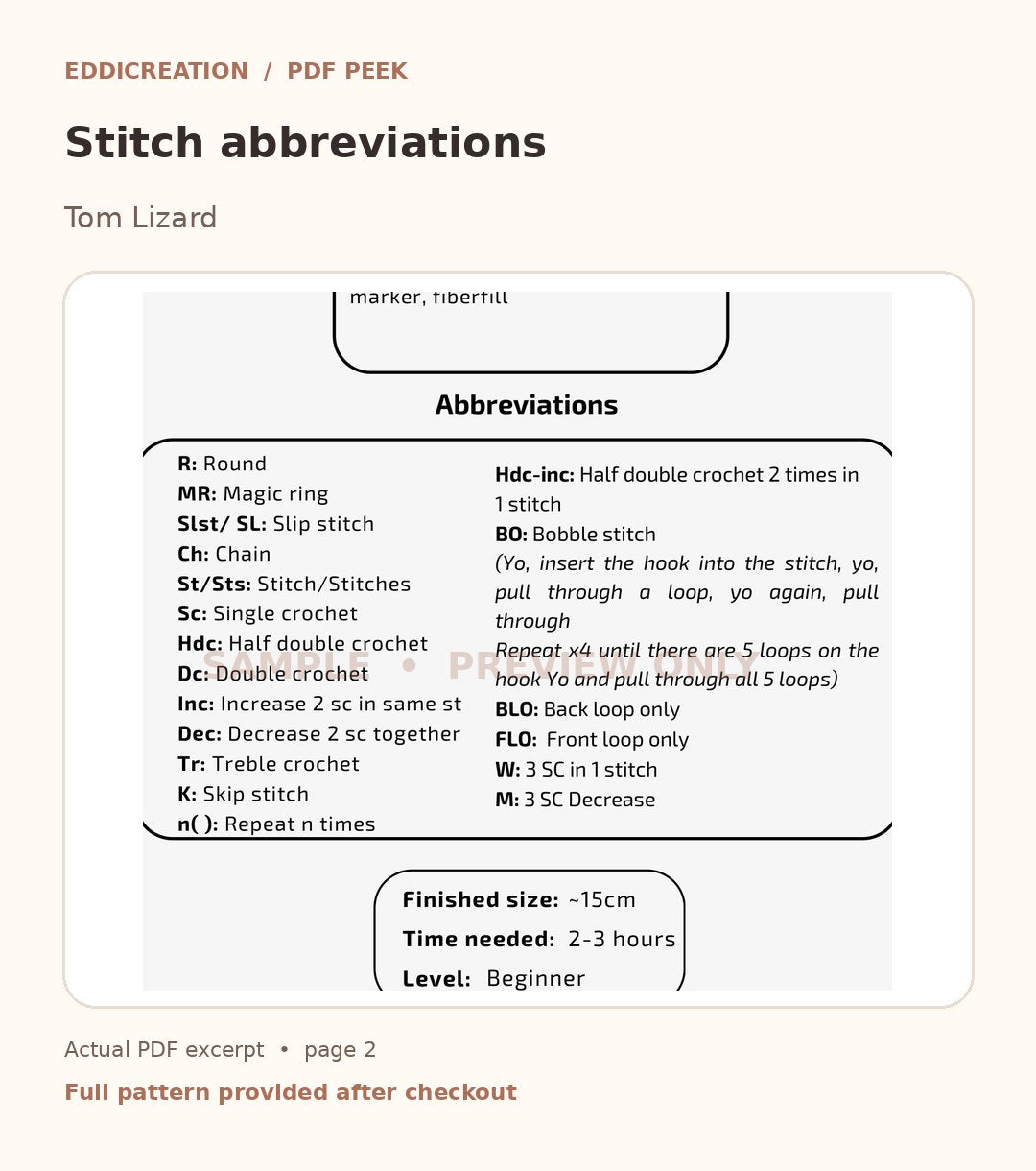Eddicreation tom lizard crochet pattern PDF sample page 2 of 3, real excerpt marked preview only — sample 2