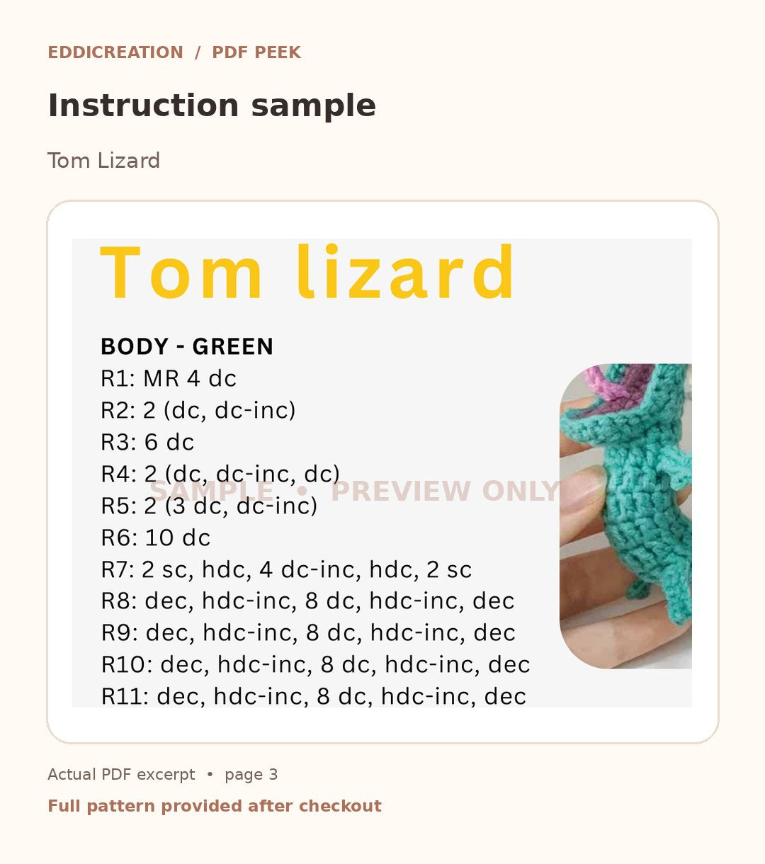 Eddicreation tom lizard crochet pattern PDF sample page 3 of 3, real excerpt marked preview only — sample 3