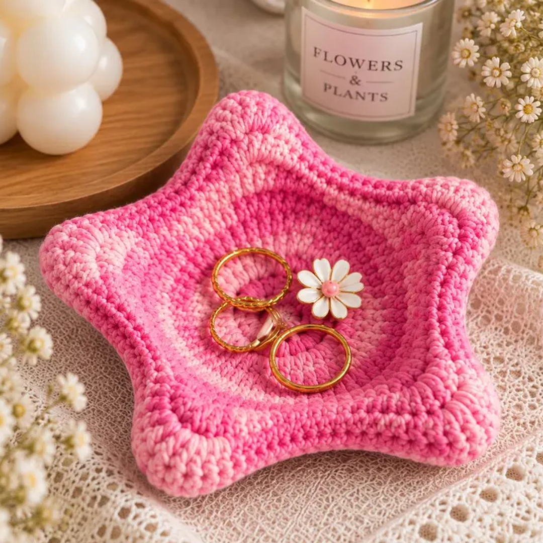 Pink and dark gray crochet star button coaster examples