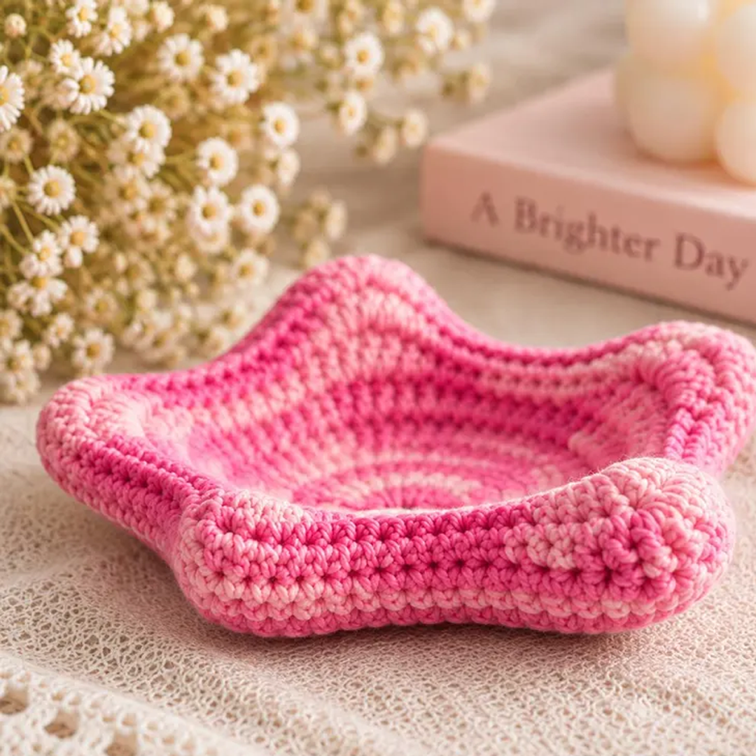 Two raised-edge star crochet trays in pink and charcoal gray